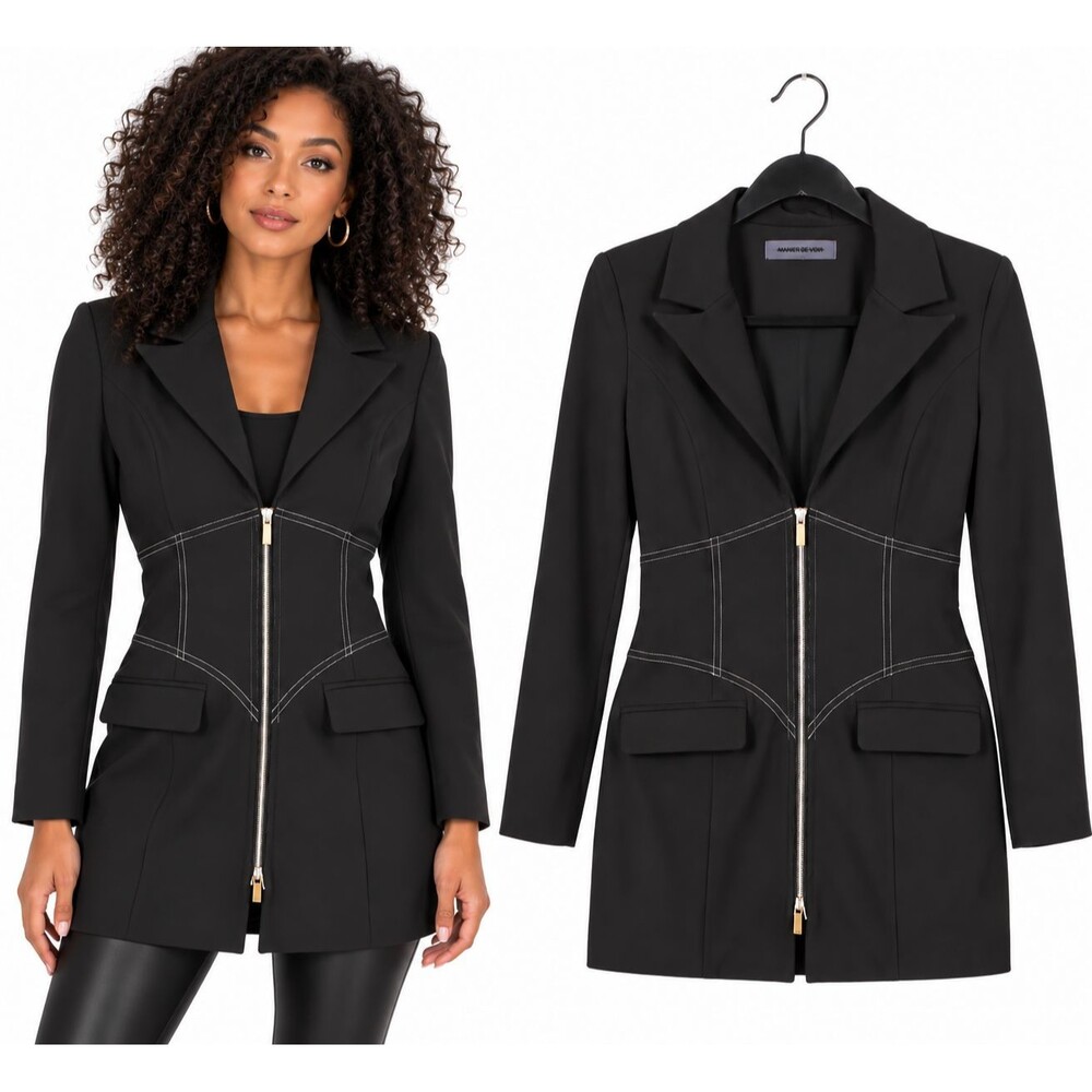 Maniere De Voir Corset Blazer Dress Size 2 Contrast Stitch Longline Jacket Black